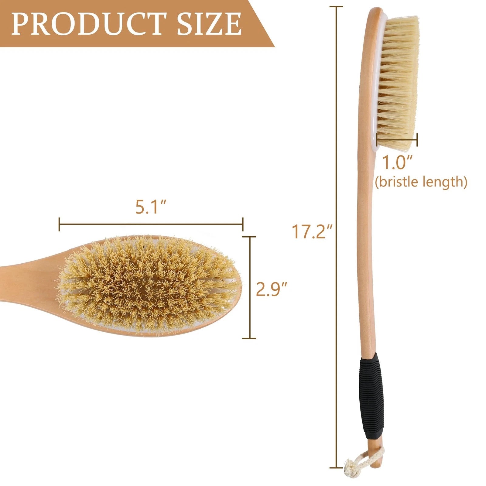 Back Scrubber Brush for Shower, Long Stiff Bristle Body Bath Brushes, Wooden ...