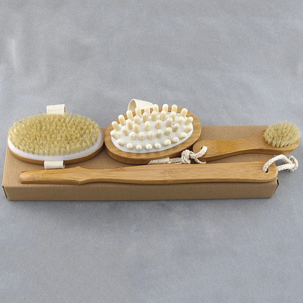 4pcs Shower Brush Set Bristle Back Bath Brush with Replacing Long Handle