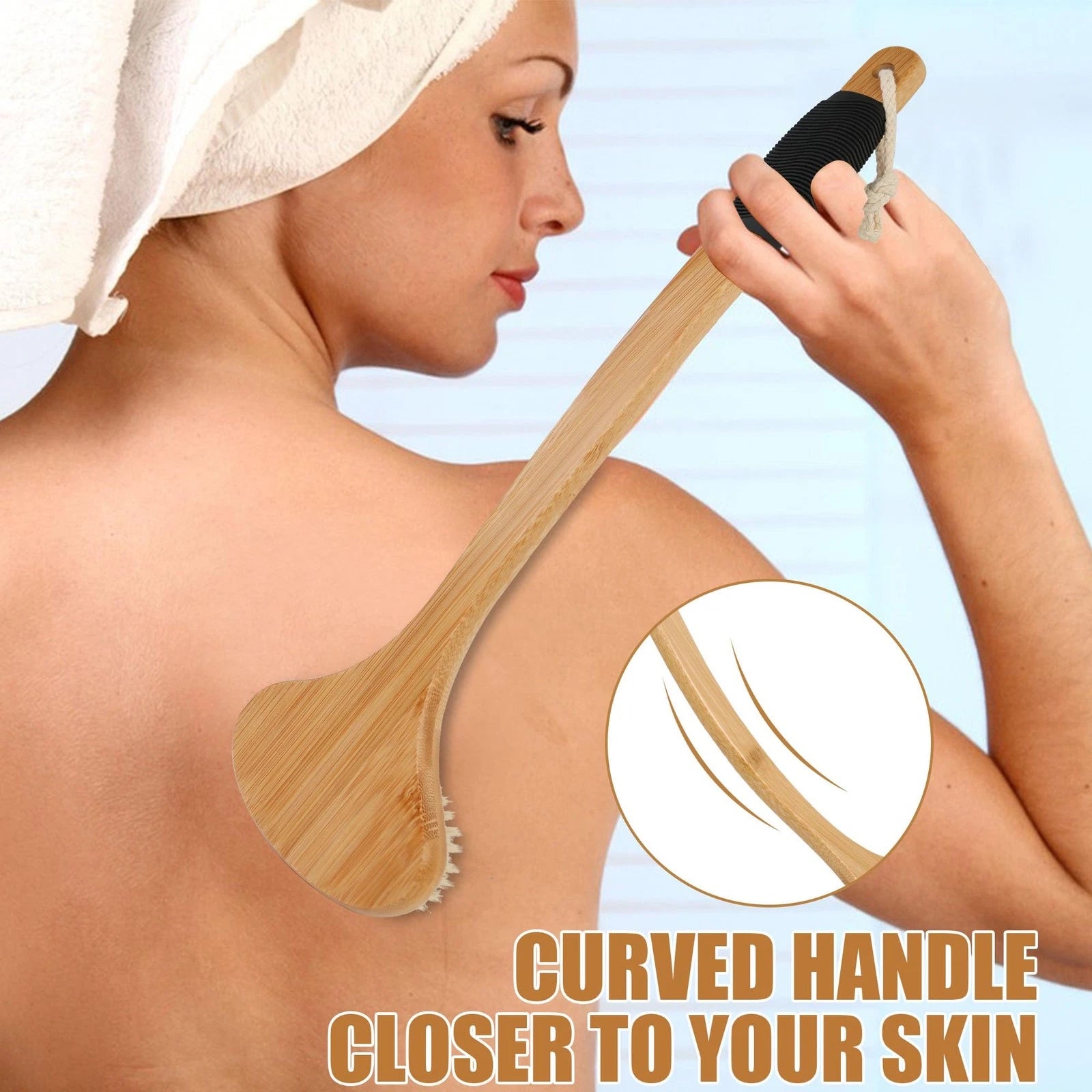 Back Scrub Brush Stiff Boar Bristles Bamboo Long Handle for Shower Use