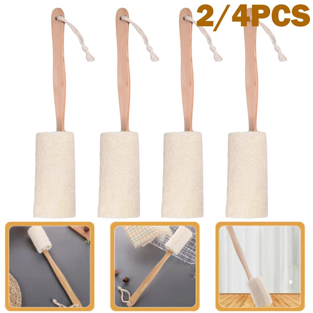 2/4PC Wood Loofah Back Scrubber Brush Bath Body Exfoliating Long Handle Massage