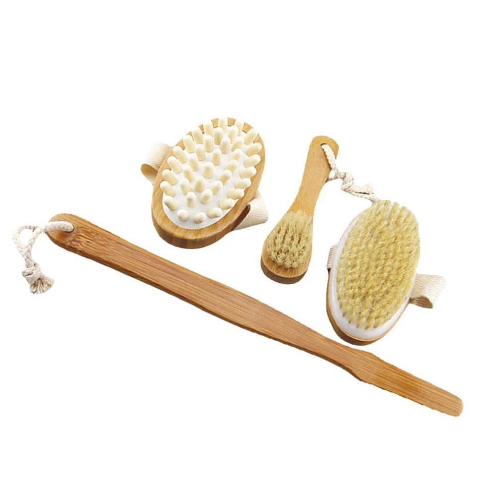 4pcs Shower Brush Set Bristle Back Bath Brush with Replacing Long Handle