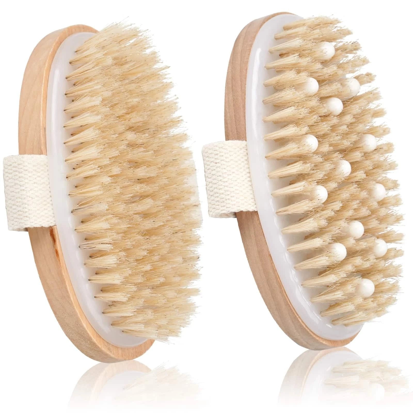 2 Pack Dry Brushing Body Brush Natural Bristle Exfoliating Brush w Massage Nodes