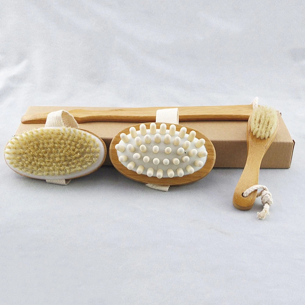 4pcs Shower Brush Set Bristle Back Bath Brush with Replacing Long Handle