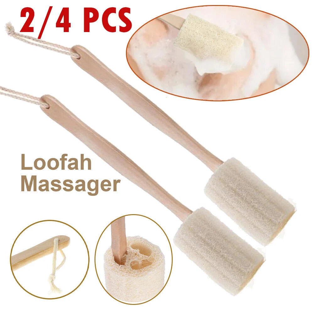 2/4PC Wood Loofah Back Scrubber Brush Bath Body Exfoliating Long Handle Massage