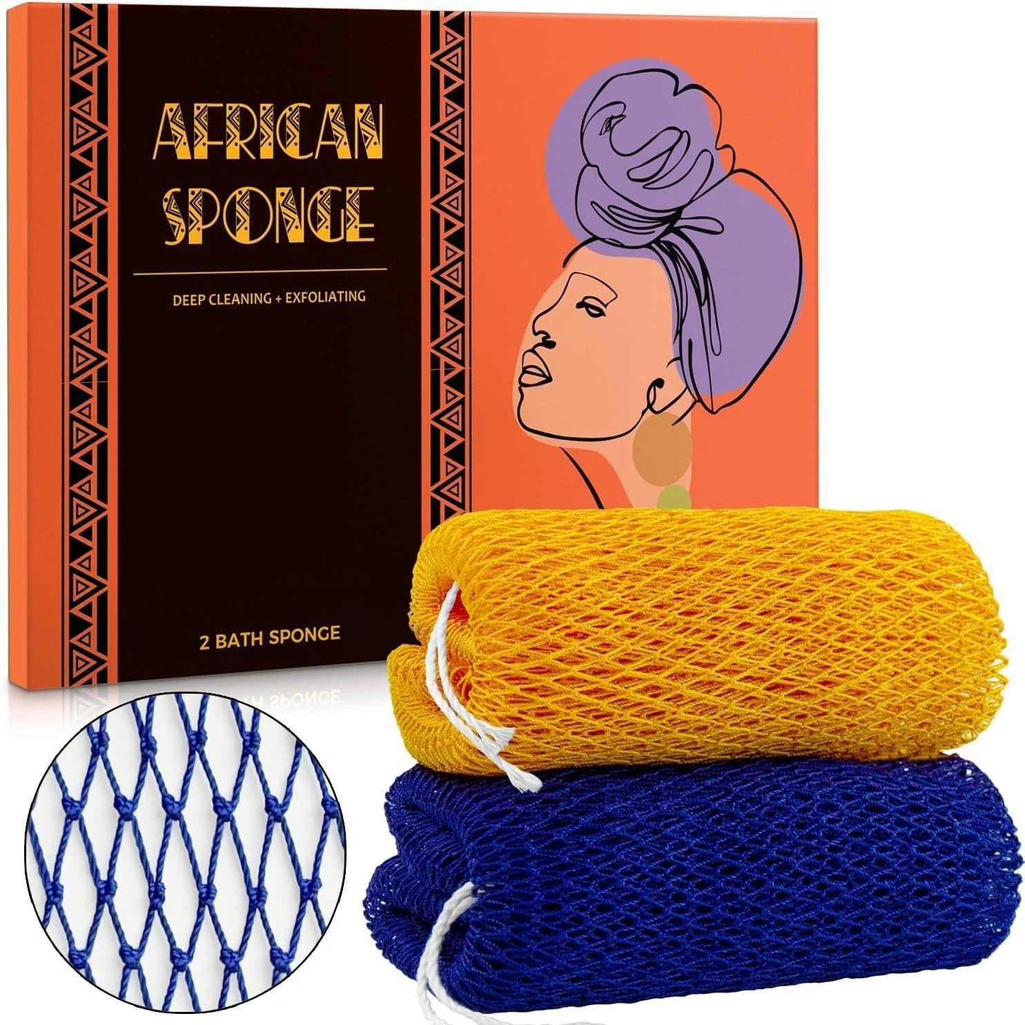 African Net Sponge Authentic - 2 Pieces Afro Scrub Exfoliating Net with Knots Na