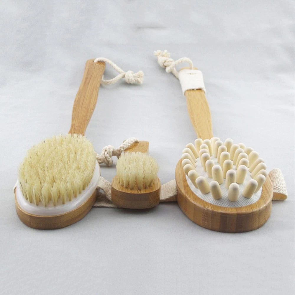 4pcs Shower Brush Set Bristle Back Bath Brush with Replacing Long Handle