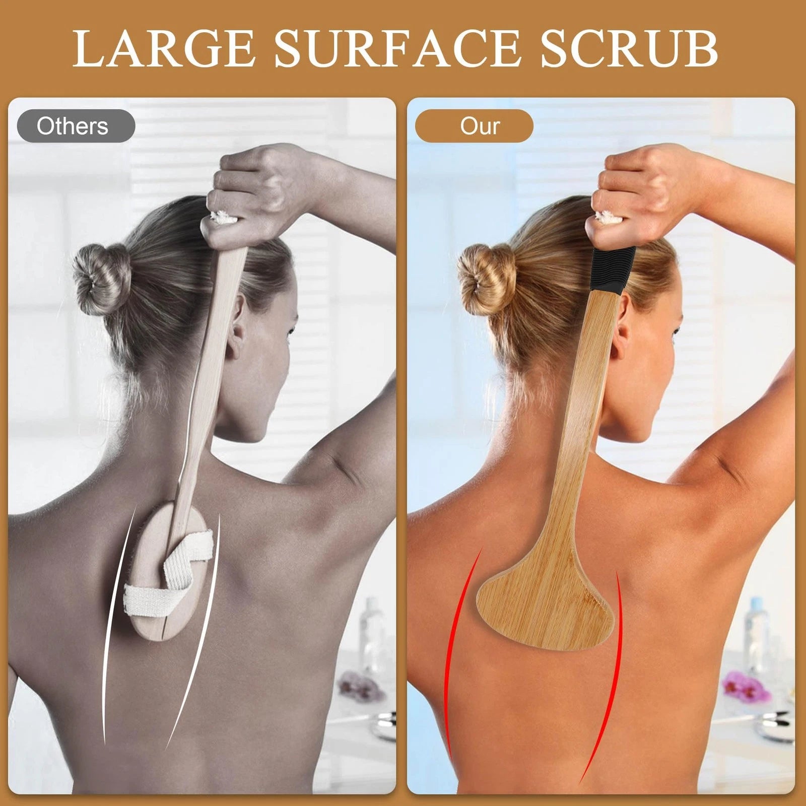 Back Scrub Brush Stiff Boar Bristles Bamboo Long Handle for Shower Use