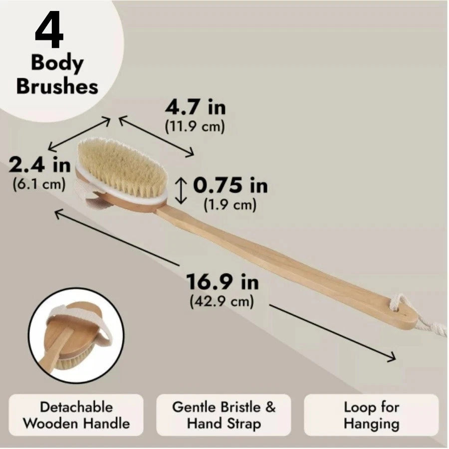 4x Long Handle Bath Brush Natural Bristles Body Back Shower Washing Scrubber