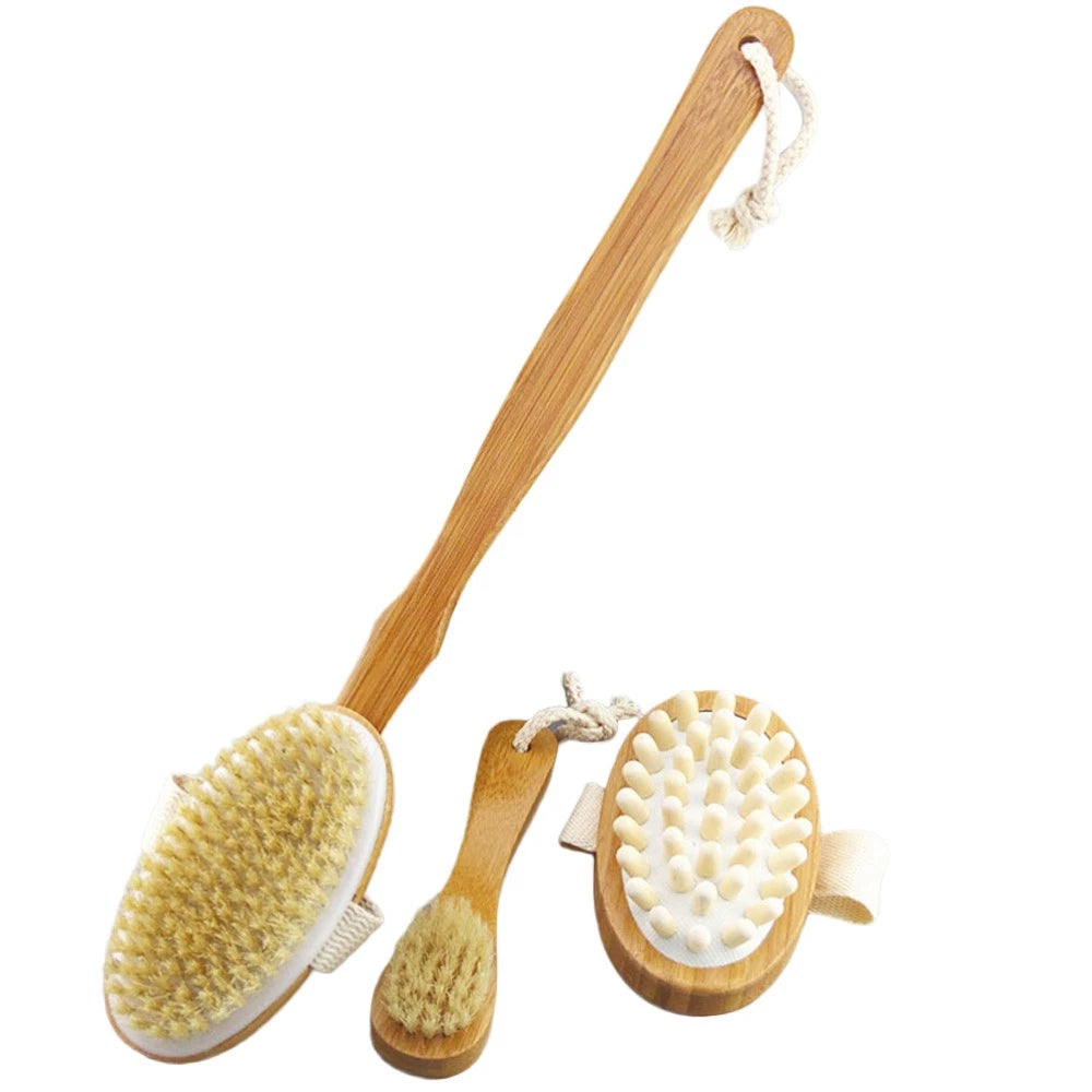 4pcs Shower Brush Set Bristle Back Bath Brush with Replacing Long Handle