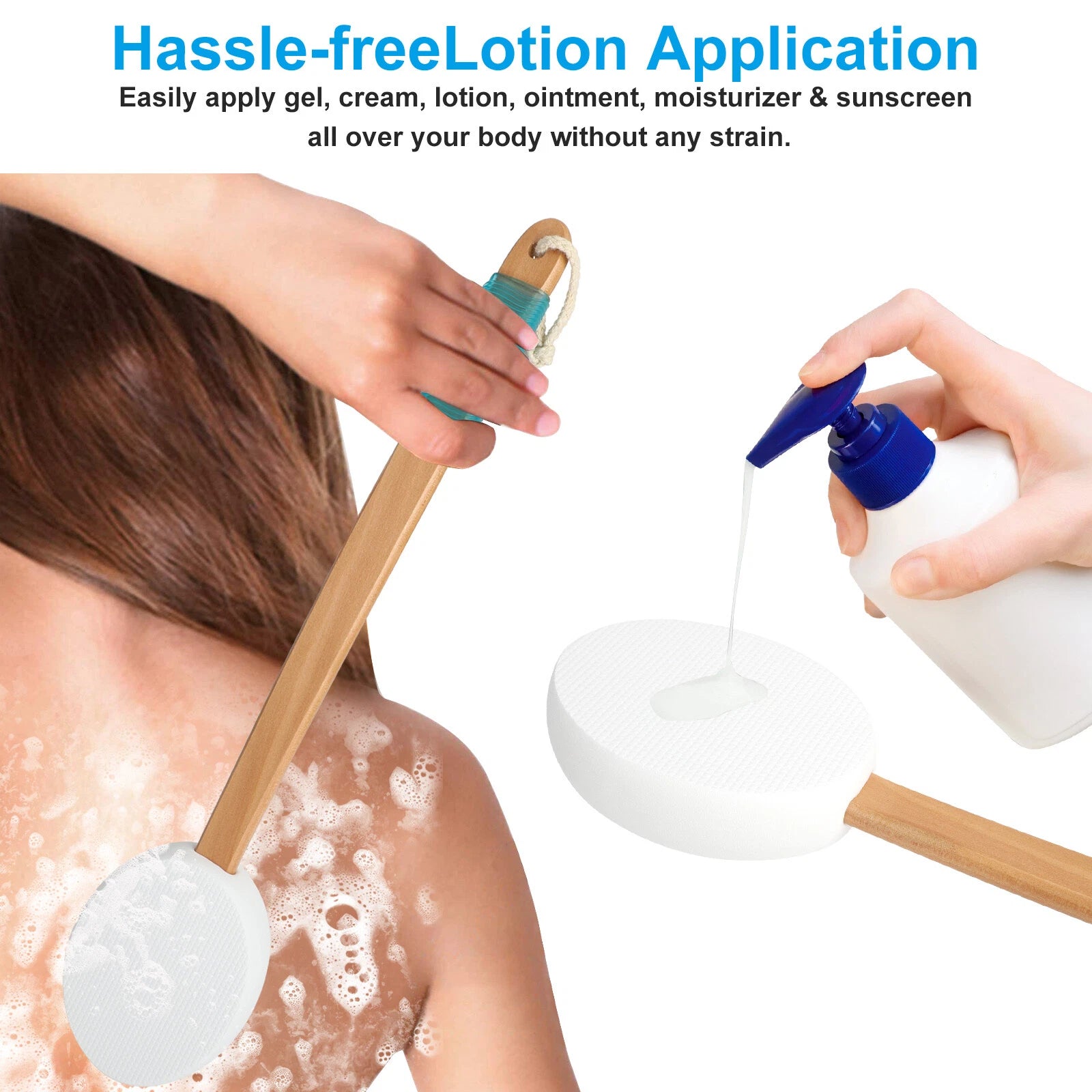 Back Lotion Applicator, for Body Skin Cream, Bath Brush with 3 Replaceable Pads