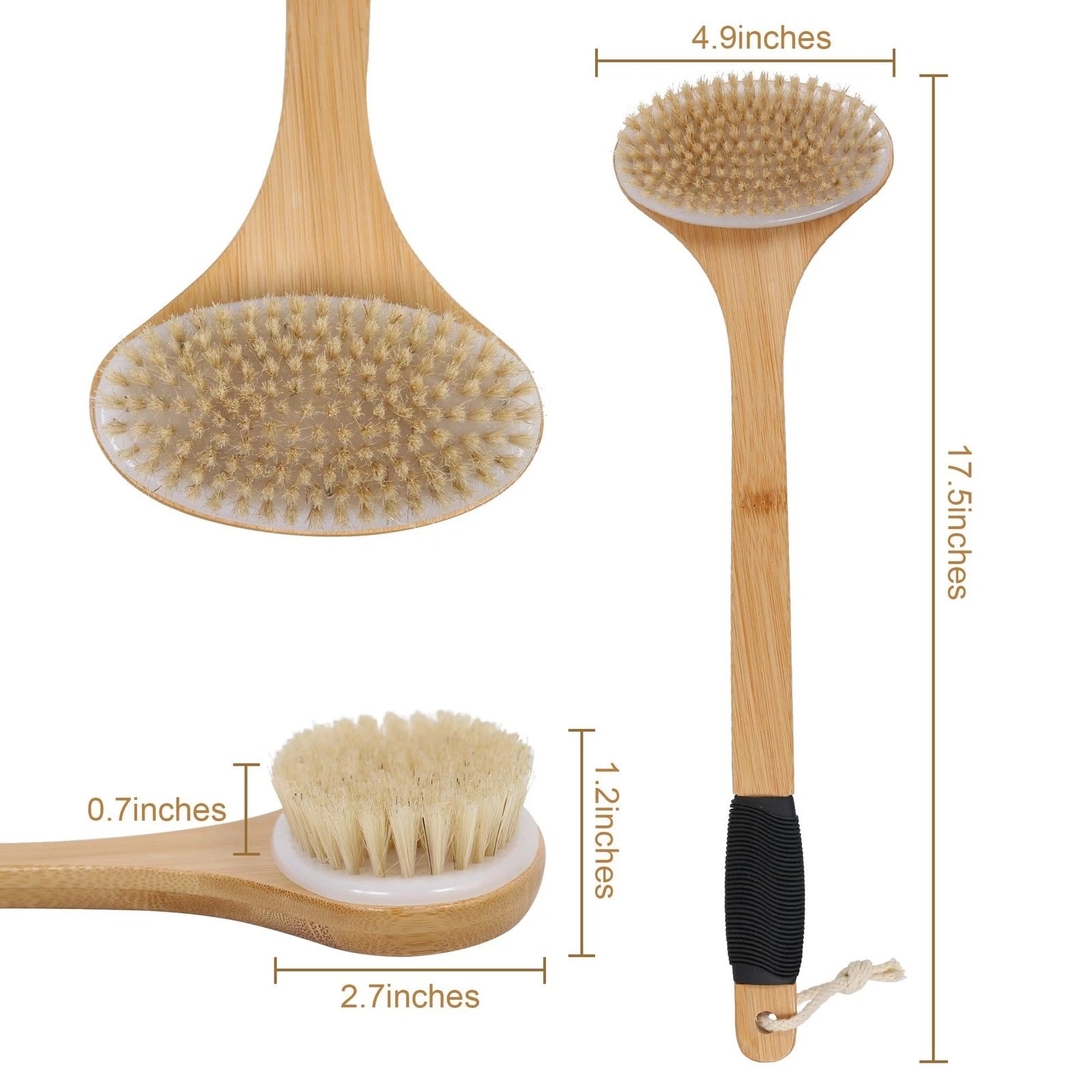 Back Scrub Brush Stiff Boar Bristles Bamboo Long Handle for Shower Use