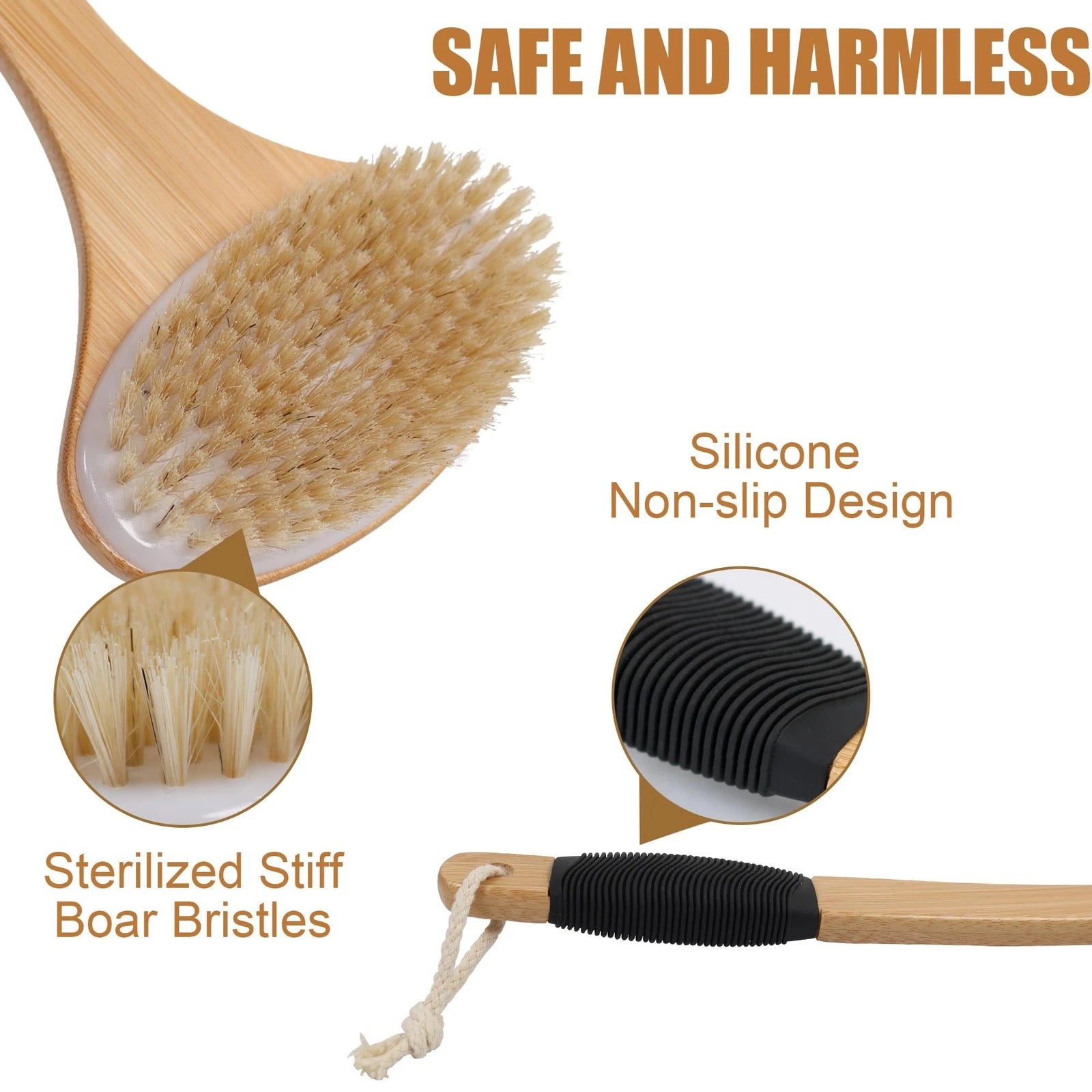 Back Scrub Brush Stiff Boar Bristles Bamboo Long Handle for Shower Use