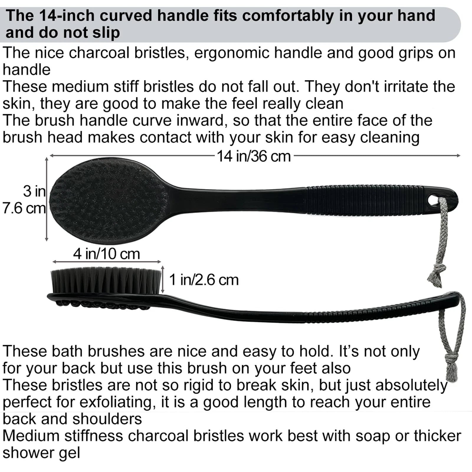 Back Bath Brush - Curved Long Handle Shower Brush with Medium Stiff Charcoal ...