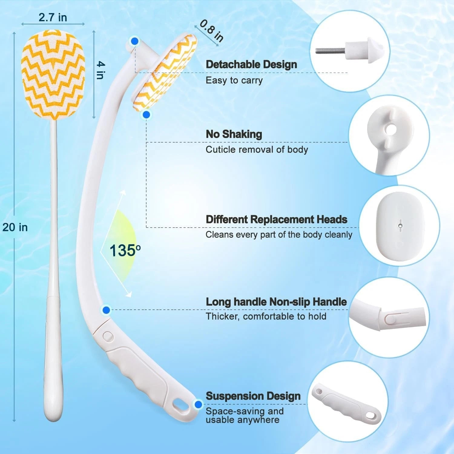 20” Long Handle Shower Brush for Body, Back Scrubber for Shower with 3 Pcs Brush