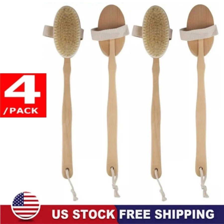 4x Long Handle Bath Brush Natural Bristles Body Back Shower Washing Scrubber