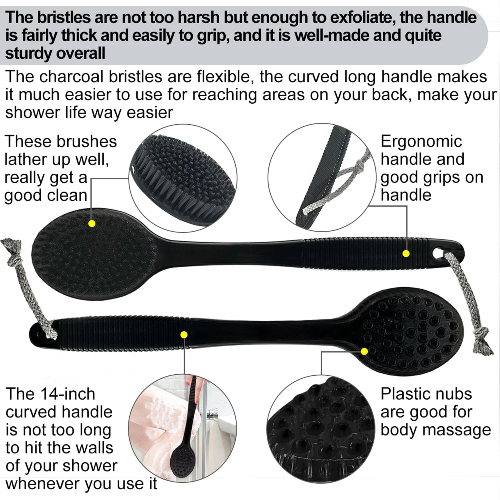 Back Bath Brush - Curved Long Handle Shower Brush with Medium Stiff Charcoal ...