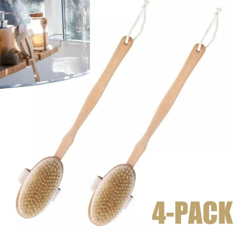 4PCS Natural Bristle Wooden Bath Shower Body Back Dry Skin Brush Spa Scrubber