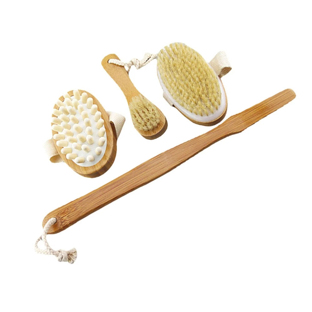 4pcs Shower Brush Set Bristle Back Bath Brush with Replacing Long Handle