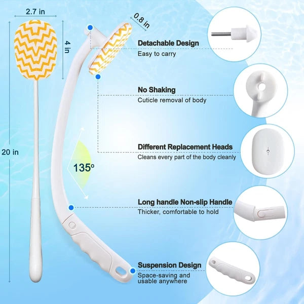 20” Long Handle Shower Brush for Body, Back Scrubber for Shower with 3 Pcs Brush
