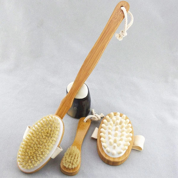4pcs Shower Brush Set Bristle Back Bath Brush with Replacing Long Handle