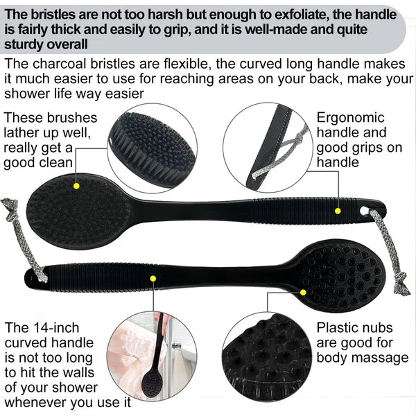 Back Bath Brush - Curved Long Handle Shower Brush with Medium Stiff Charcoal ...