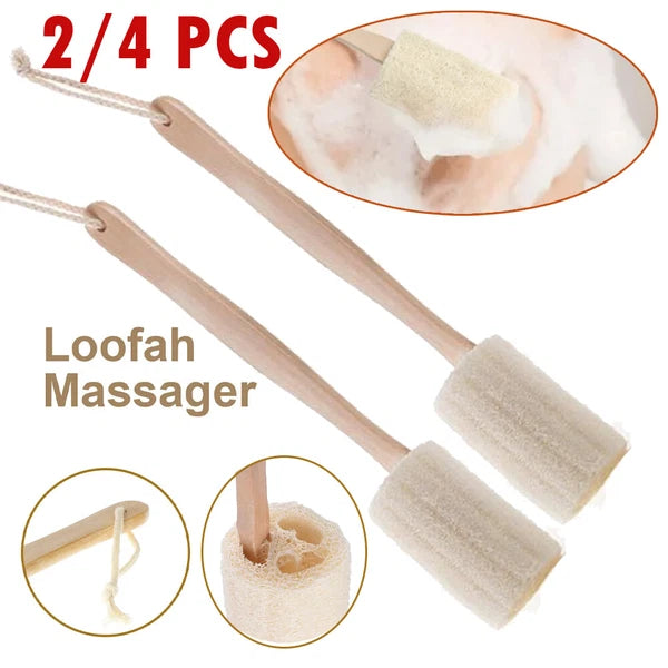 2/4PC Wood Loofah Back Scrubber Brush Bath Body Exfoliating Long Handle Massage