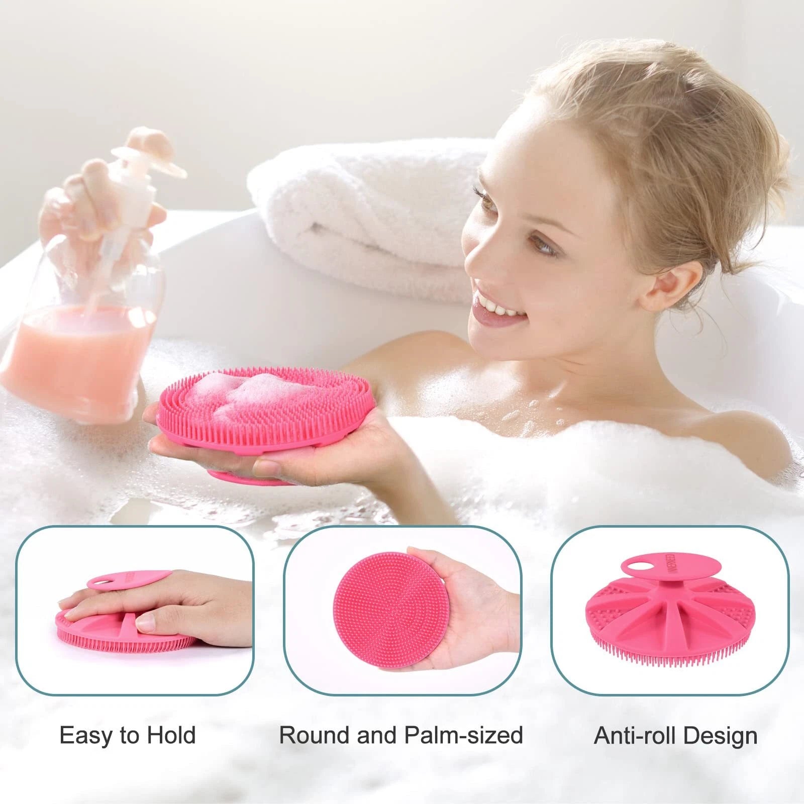 Food-Grade Soft Silicone Body Scrubber Shower Brush W/ Gentle Exfoliating Pink