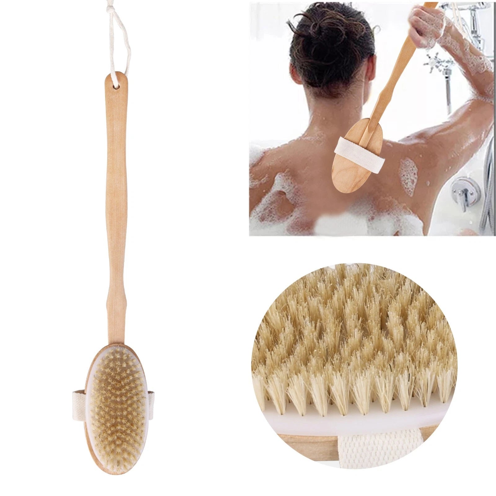 Natural Bristle Body Brush - Wooden Dry Skin Exfoliator & Shower Spa Scrubber US