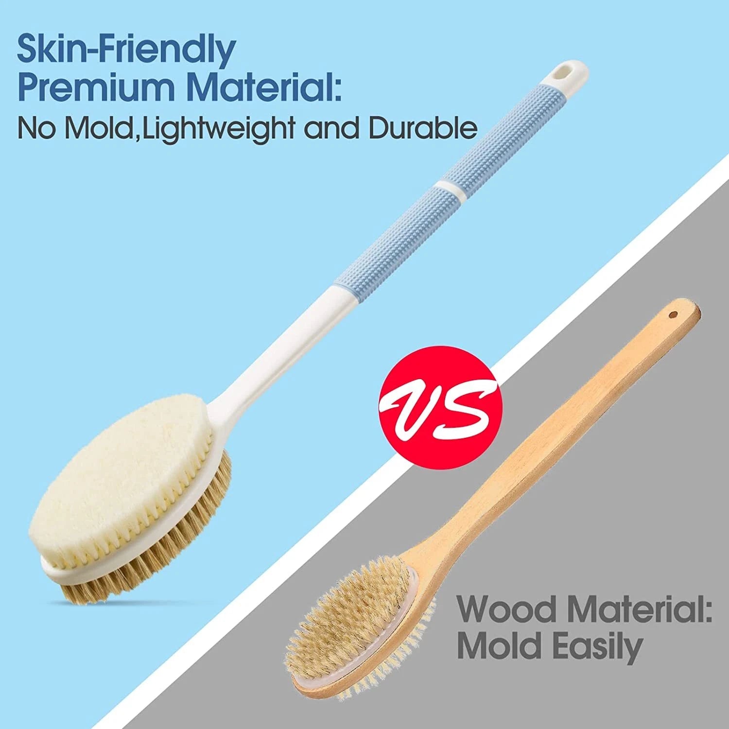 Back Scrubber anti Slip Long Handle for Shower Dual-Sided Stiff Soft Bristles