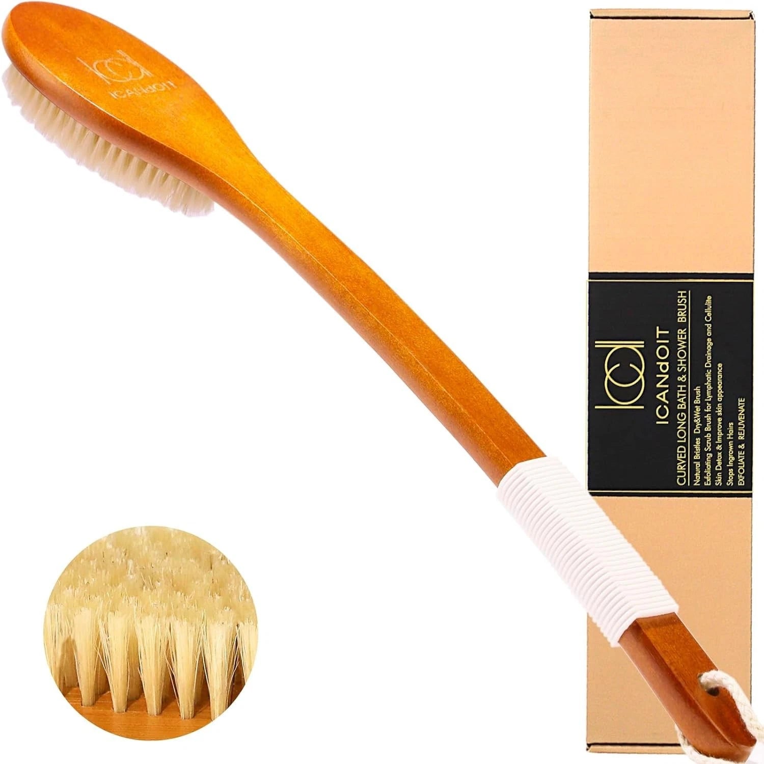 Bath Brush Exfoliating Long Handle Shower Scrubber Back Brush Boar Bristles
