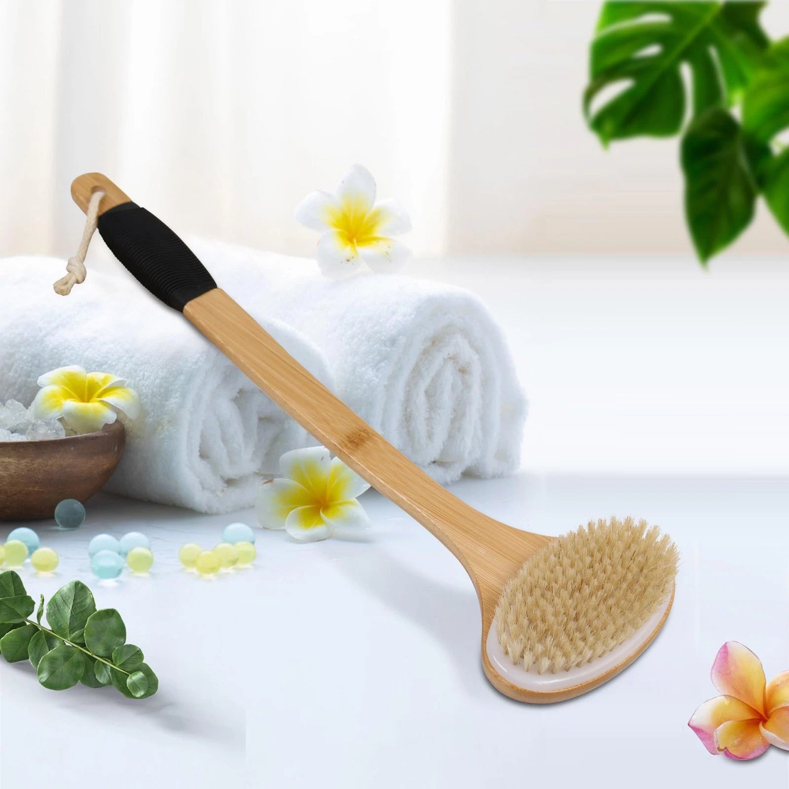 Back Scrub Brush Stiff Boar Bristles Bamboo Long Handle for Shower Use