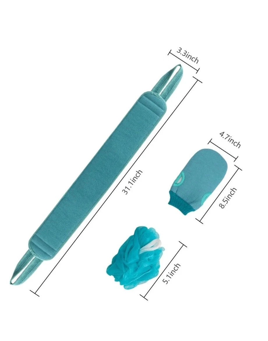 Body Scrubber Shower Set , Back Scrubber, Sponge Pad & Loofah Mesh. TEAL