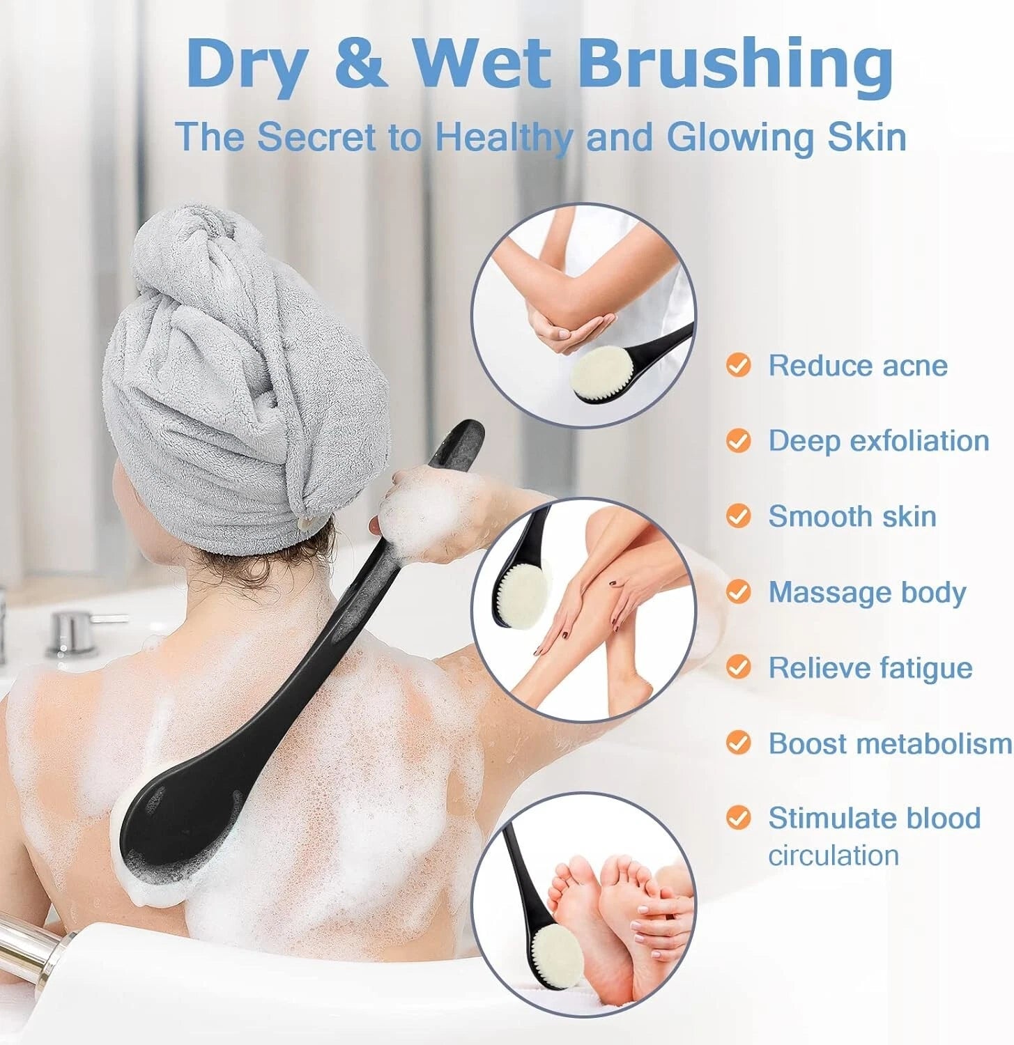 Exfoliating Shower Brush Bath Body Brush Never Mold Back Brush Long Handle for