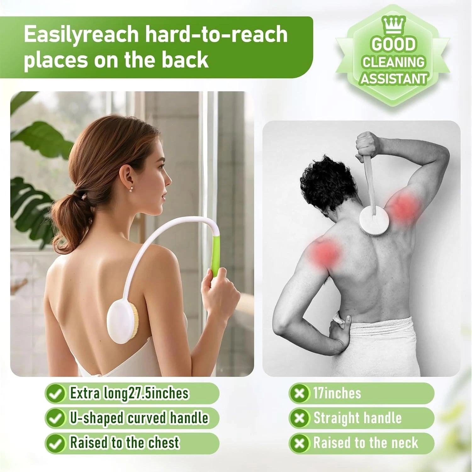 Ergonomic U-Shaped Back Bath Brush with Dual-Sided Silicone Scrubber for Comfort