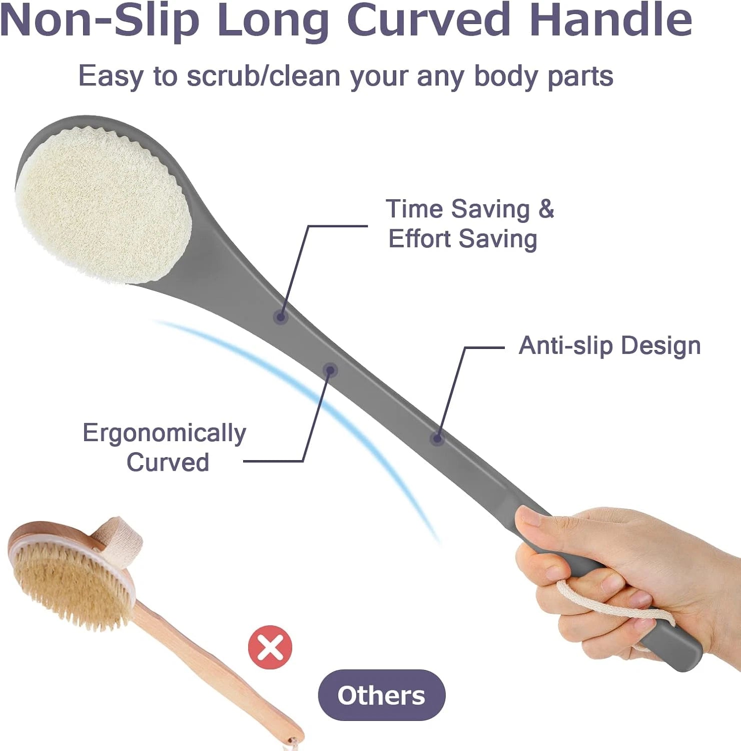 Body Back Scrubber – 17'' Long Handle Shower Brush, Durable Exfoliator