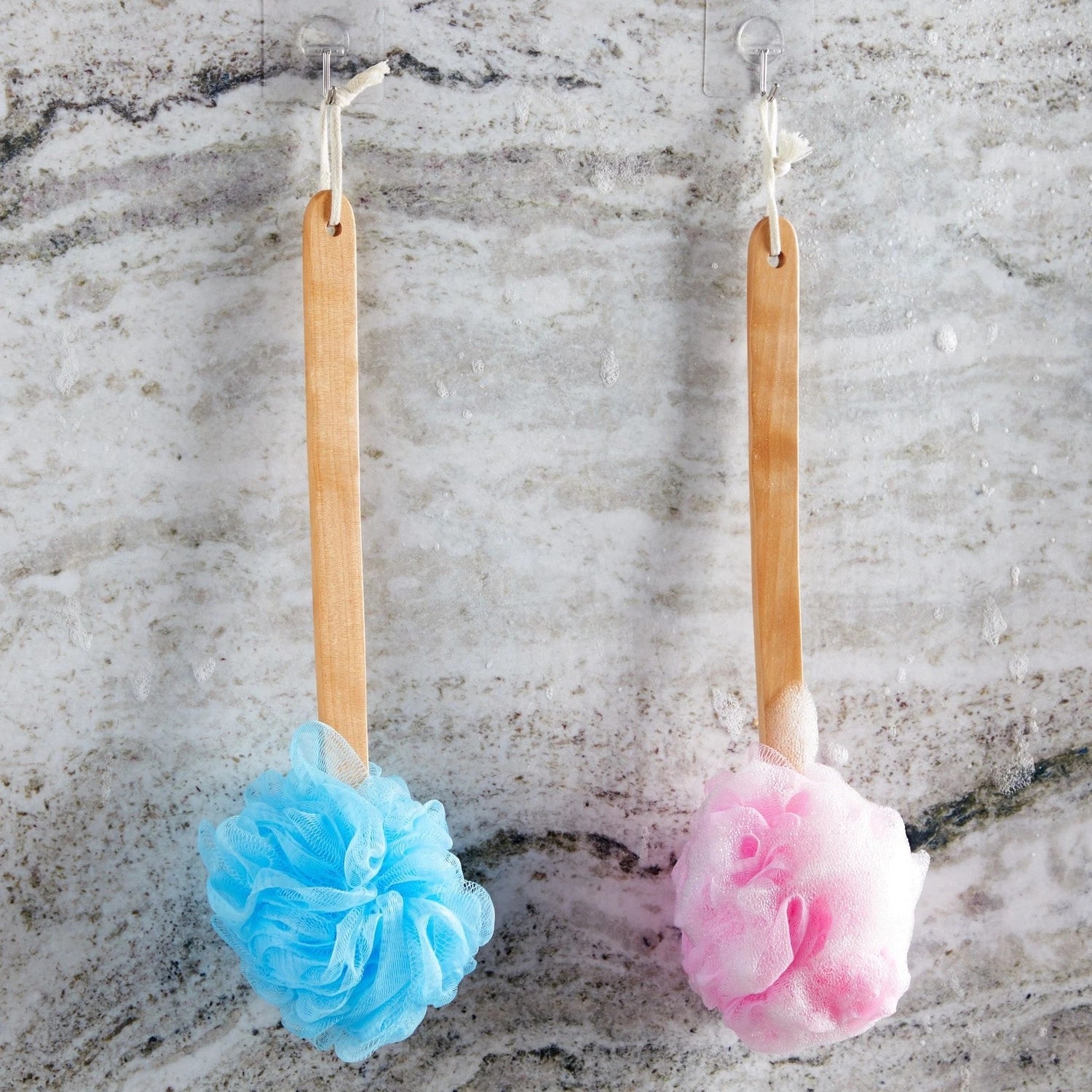 4 Pack Back Scrubber for Shower, Loofah on a Stick, 4 Assorted Colors, 16 in