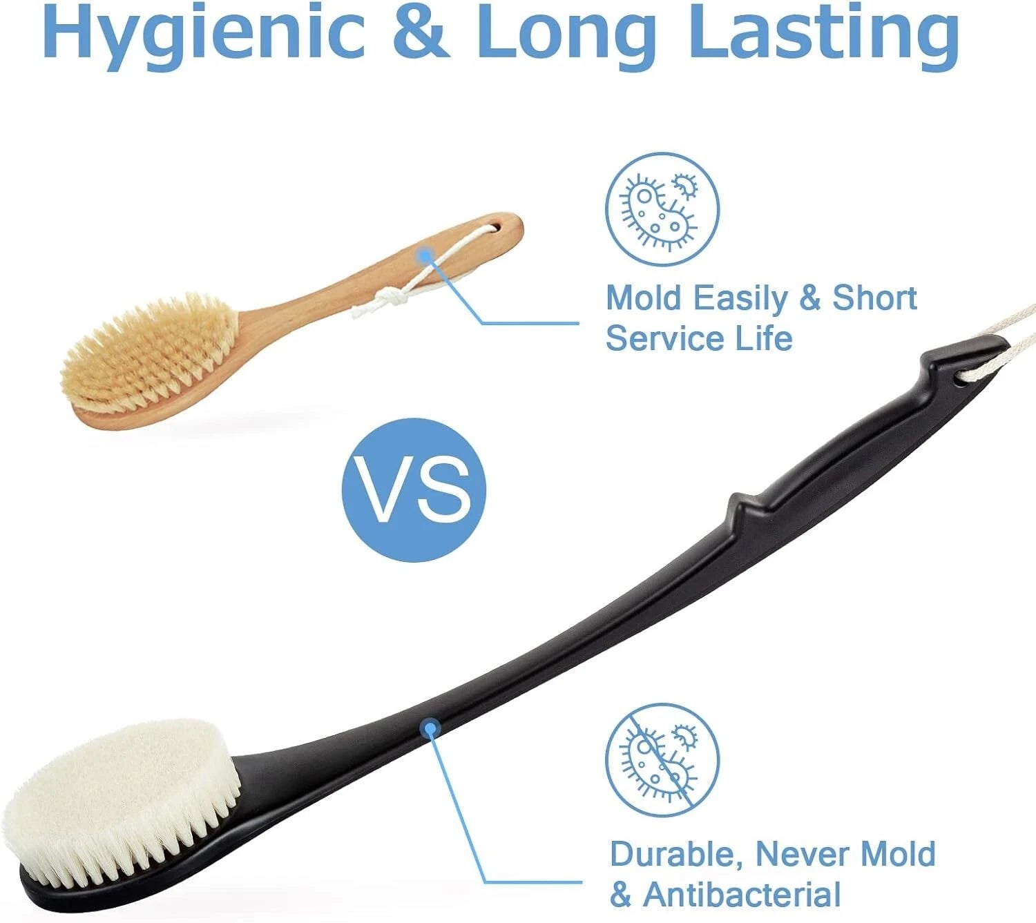 Exfoliating Shower Brush Bath Body Brush Never Mold Back Brush Long Handle for