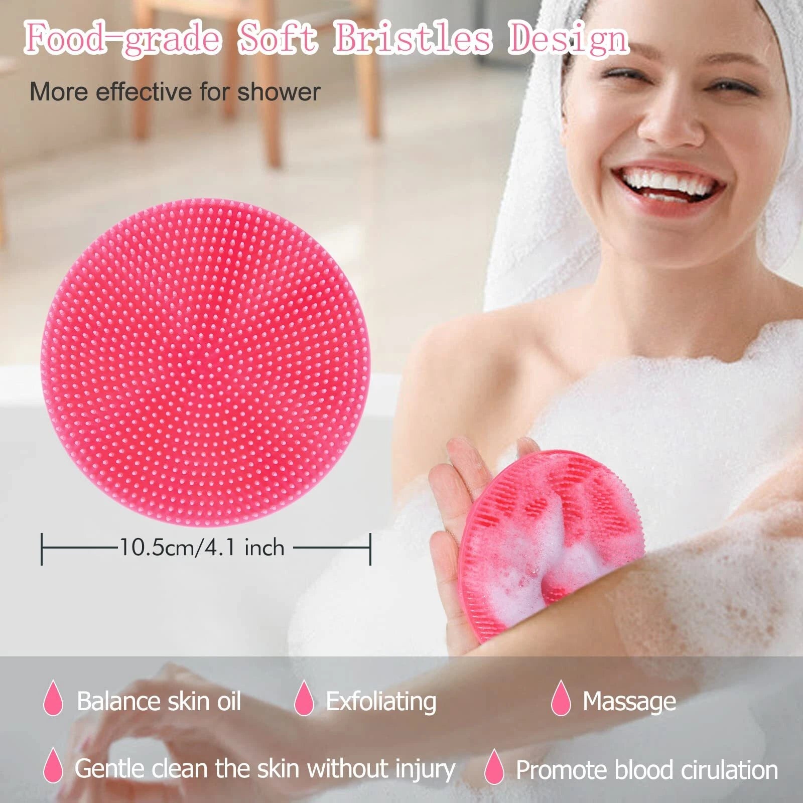 Food-Grade Soft Silicone Body Scrubber Shower Brush W/ Gentle Exfoliating Pink