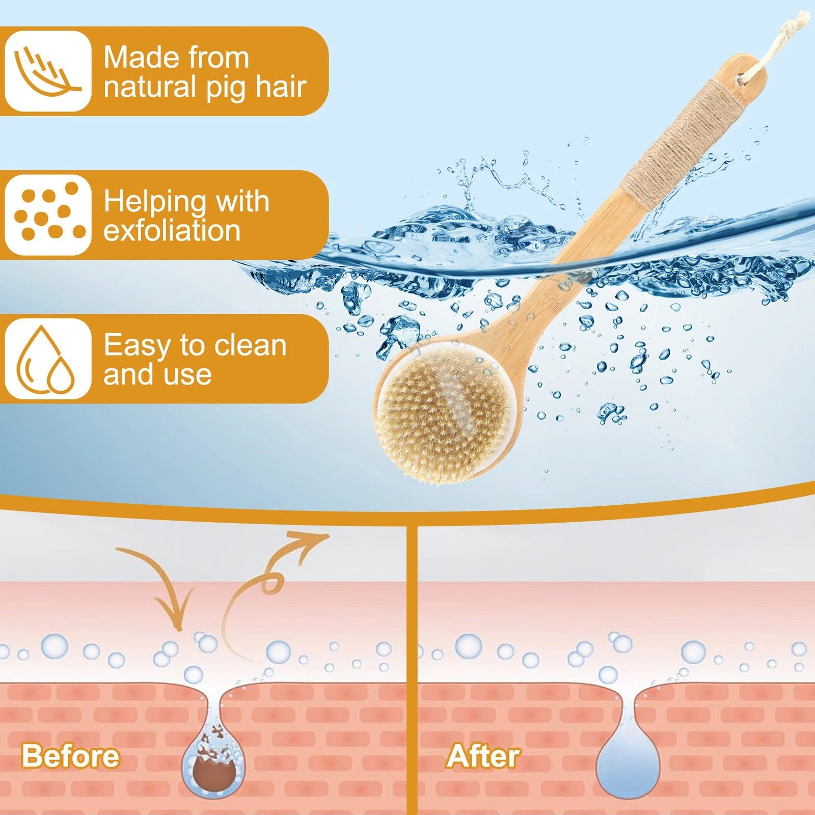 Dry Skin Body Brush Bath Exfoliating Brush Natural Bristles Back Scrubber3391