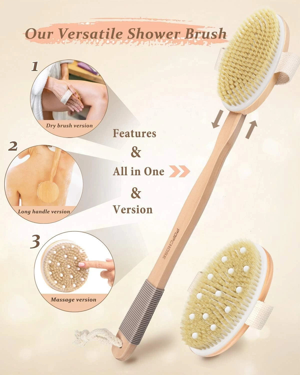 Dry Brushing Body Brush Bamboo 15 Inch Dual Heads Exfoliating Shower Tool