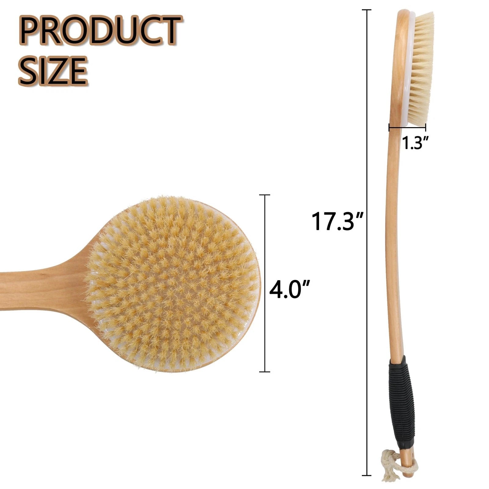 Round Head Back Scrub Brush for Body Shower, Wooden Long Handle Bristles Tub ...