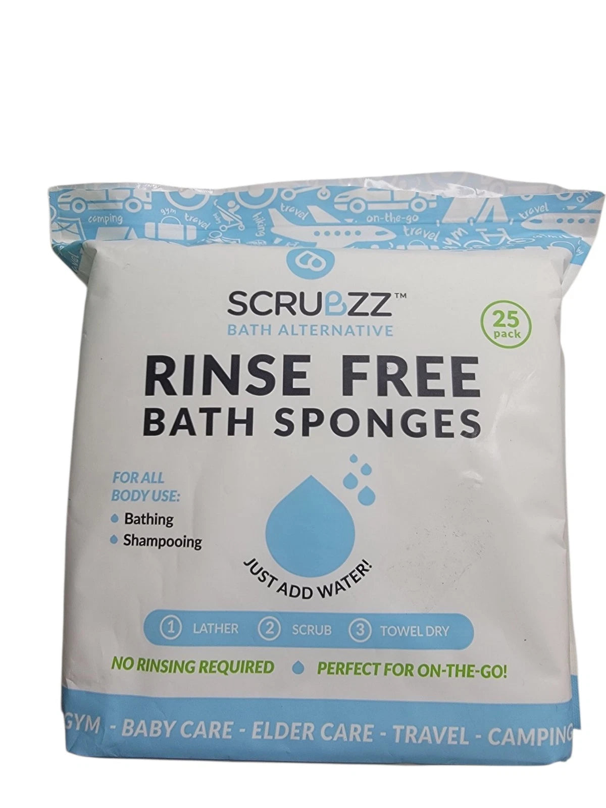 Rinse Free Bath Sponges Shampoo Soap Infused Bathing 25 Travel Camp