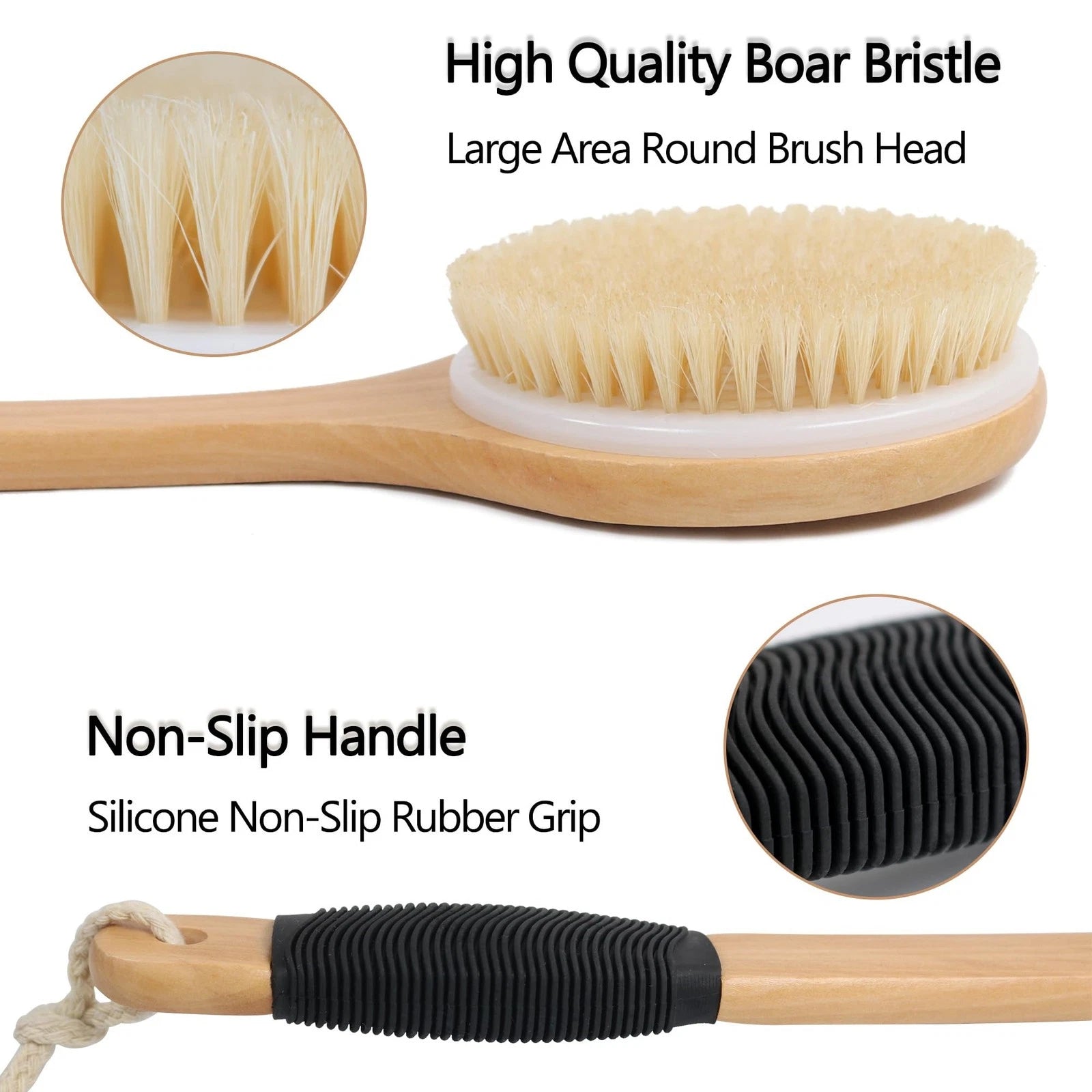 Round Head Back Scrub Brush for Body Shower, Wooden Long Handle Bristles Tub ...