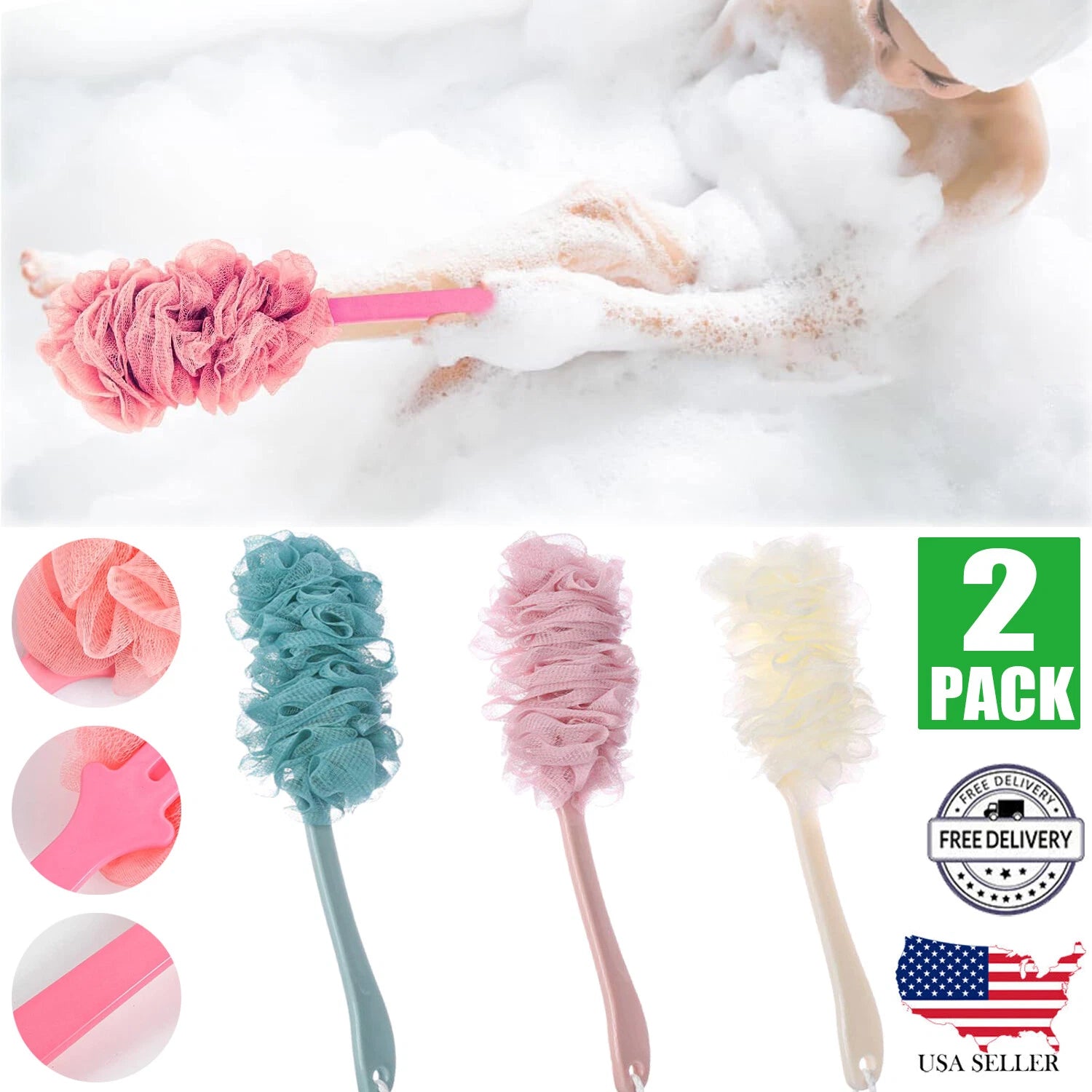 2x Back Scrubber for Shower Loofah Sponge Shower Brush Exfoliating & Long Handle