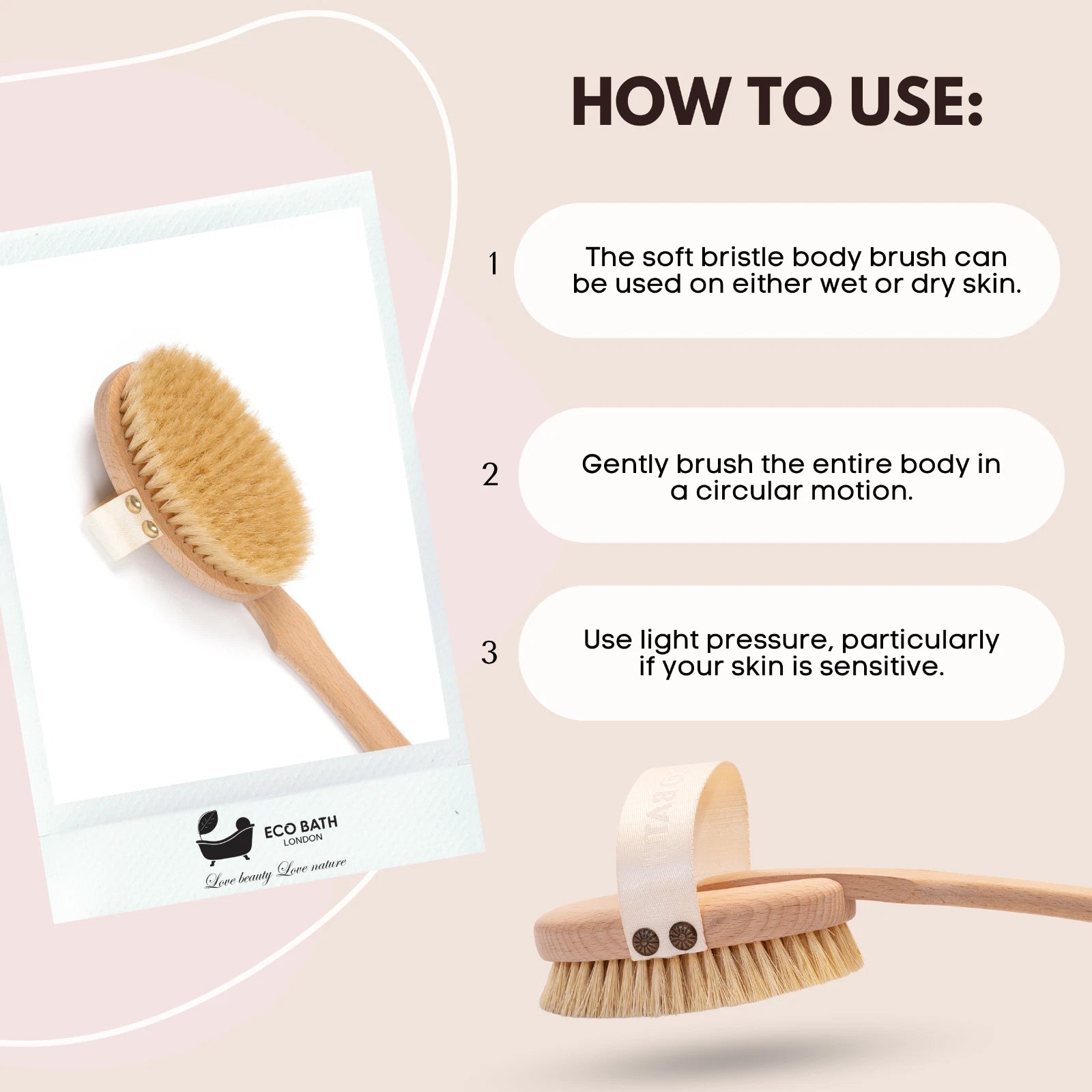 Eco Bath London Natural Soft Bristle Body Brush with Detachable Handle