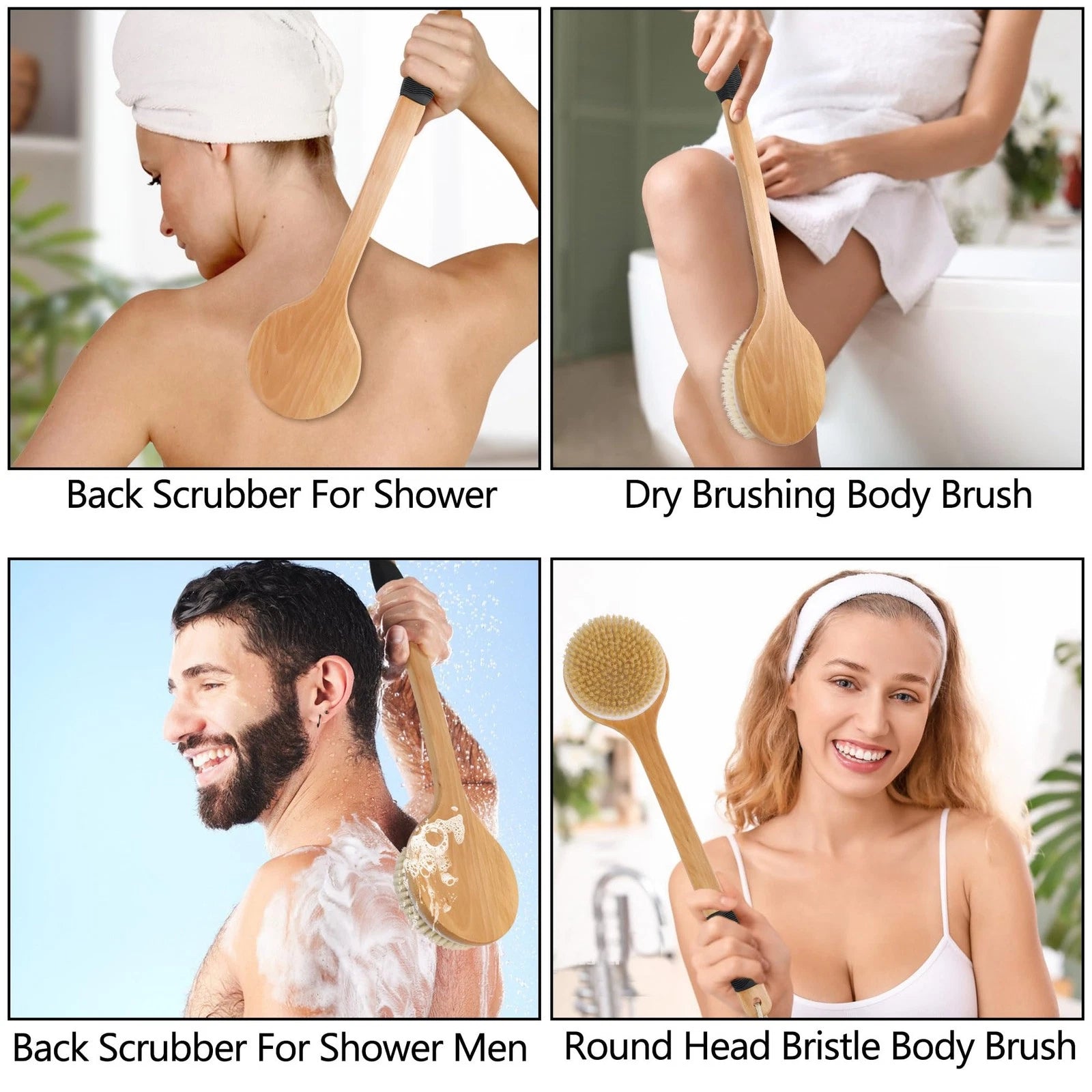Round Head Back Scrub Brush for Body Shower, Wooden Long Handle Bristles Tub ...