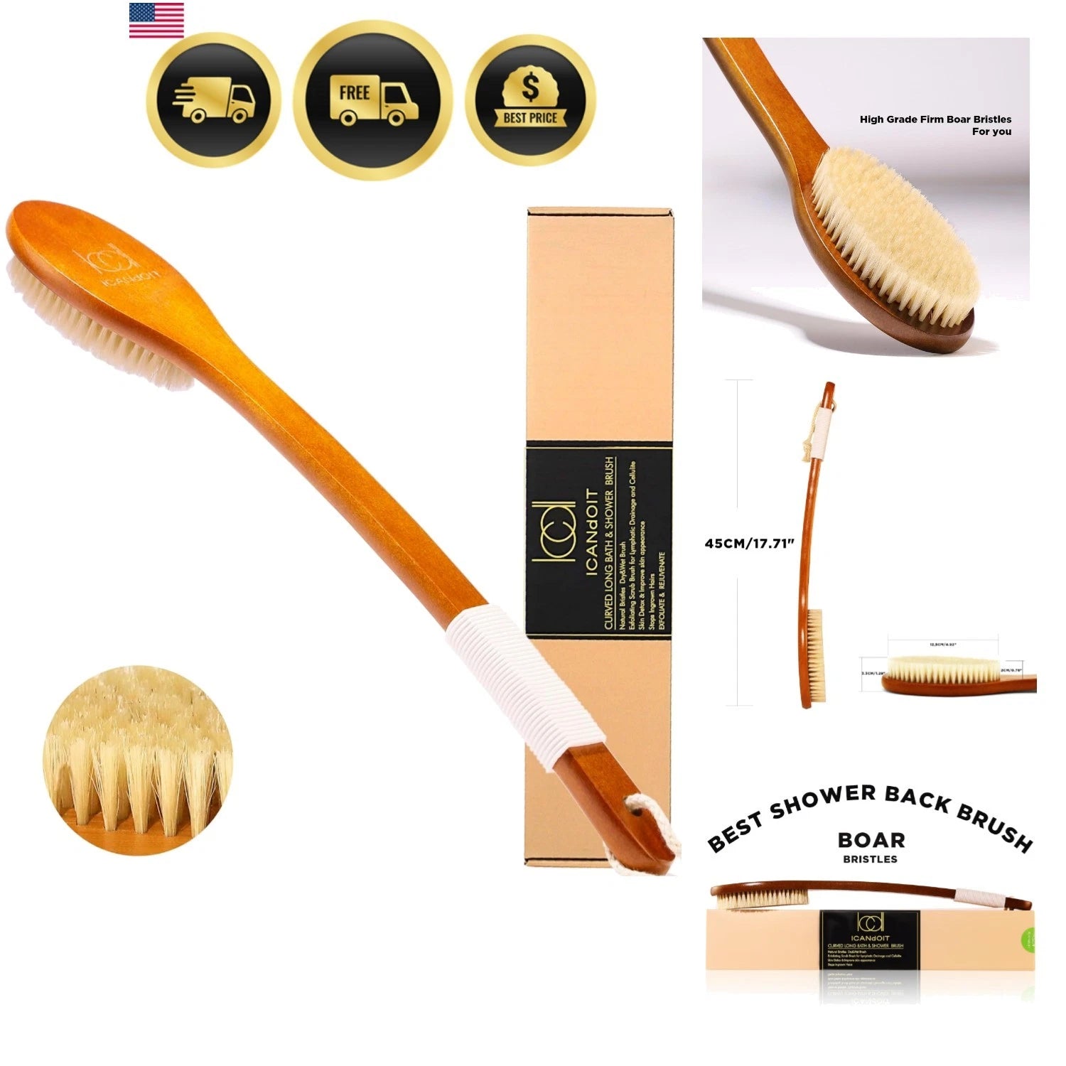 Bath Brush Exfoliating Long Handle Shower Scrubber Back Brush Boar Bristles