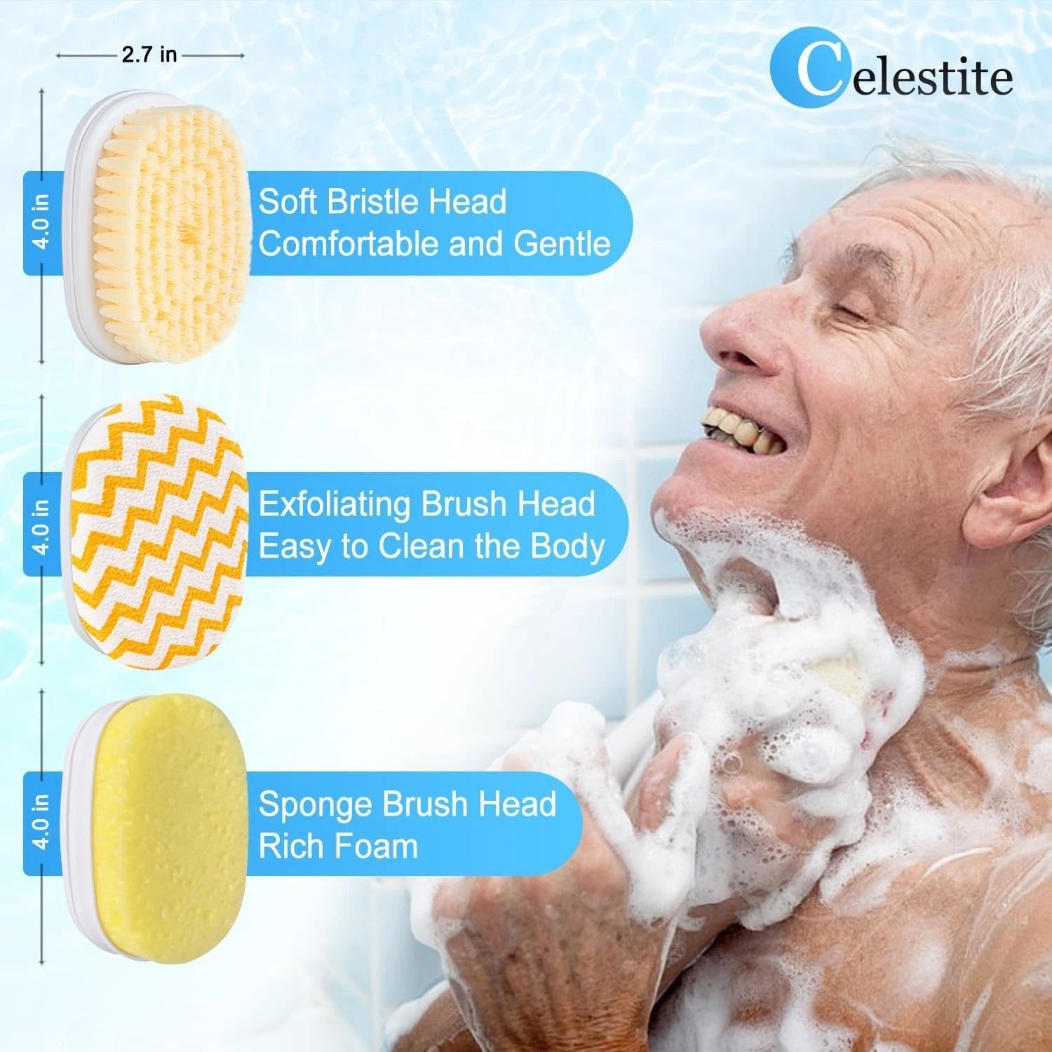 20” Long Handle Shower Brush for Body, Back Scrubber for Shower with 3 Pcs Brush