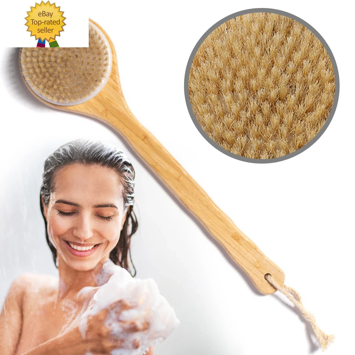 Long Handled Shower Bath Body Brush - Bathroom Wet & Dry Exfoliating Scrubber