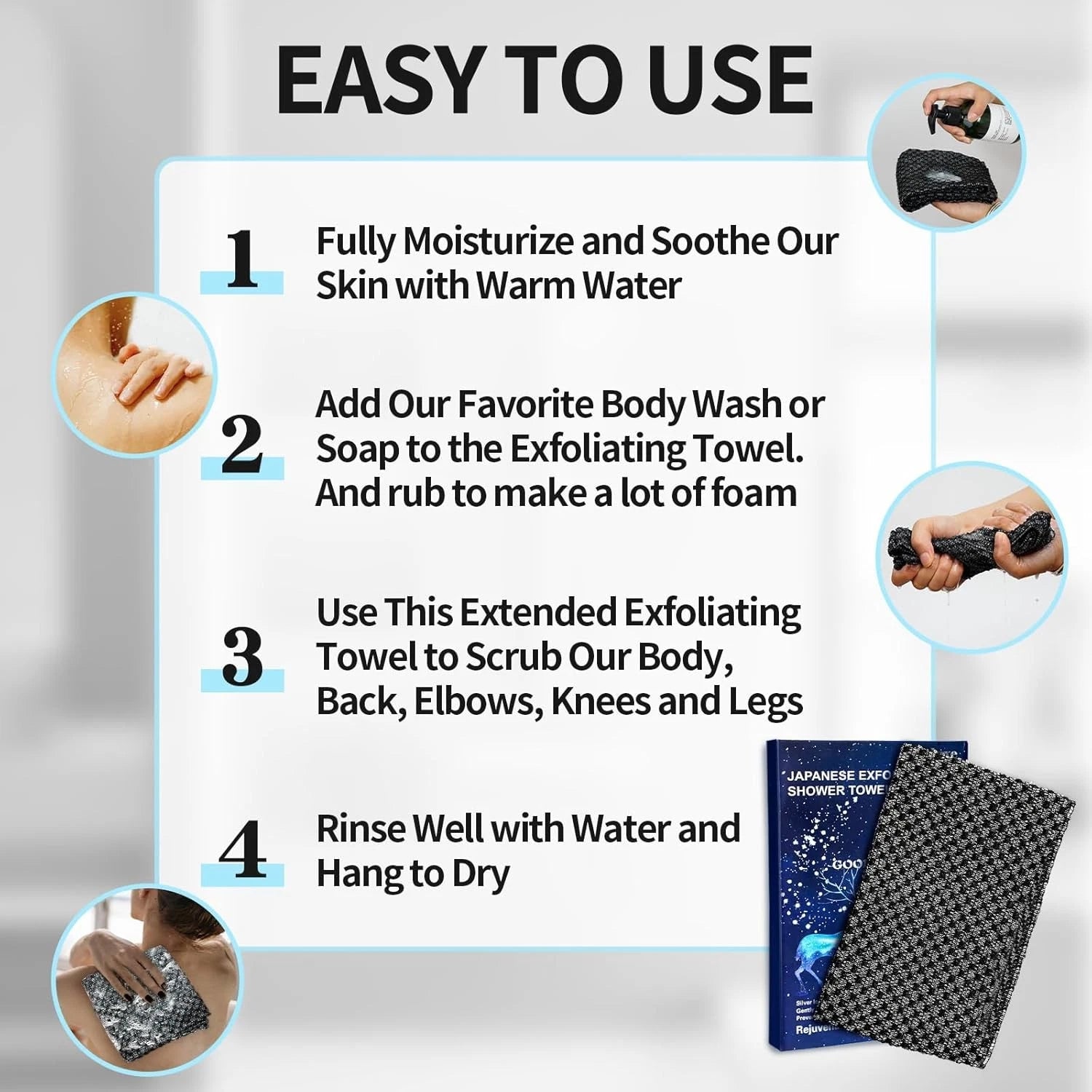 Exfoliating Washcloth Shower Towels, Premium Japanese Body Black